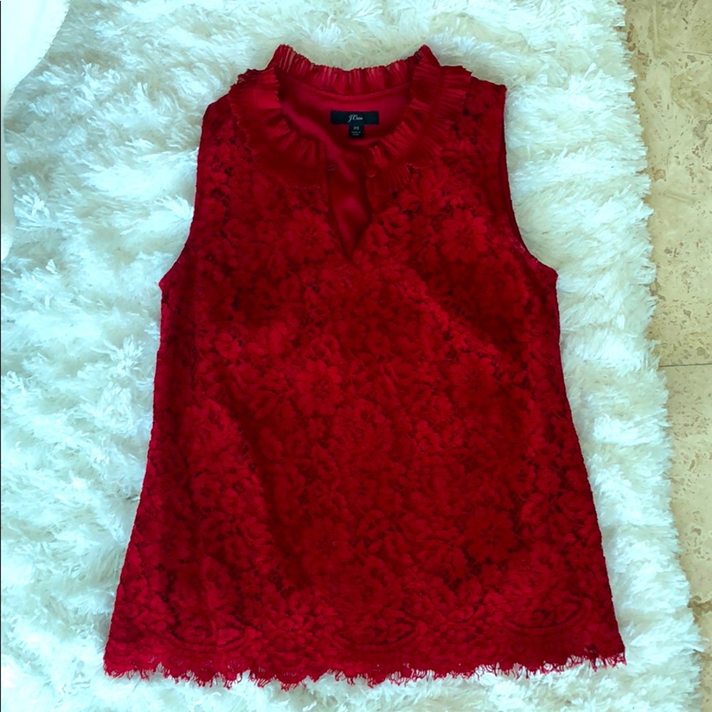 J. Crew size extra small red LACE RUFFLE-NECK TOP